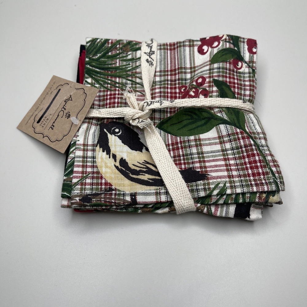 April Cornell Christmas Napkins Cocktail Dinner 10" Square Multi Patchwork Birds